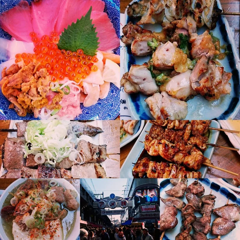Food and the Ameyoko shopping street from the traveller’s reported outing.
