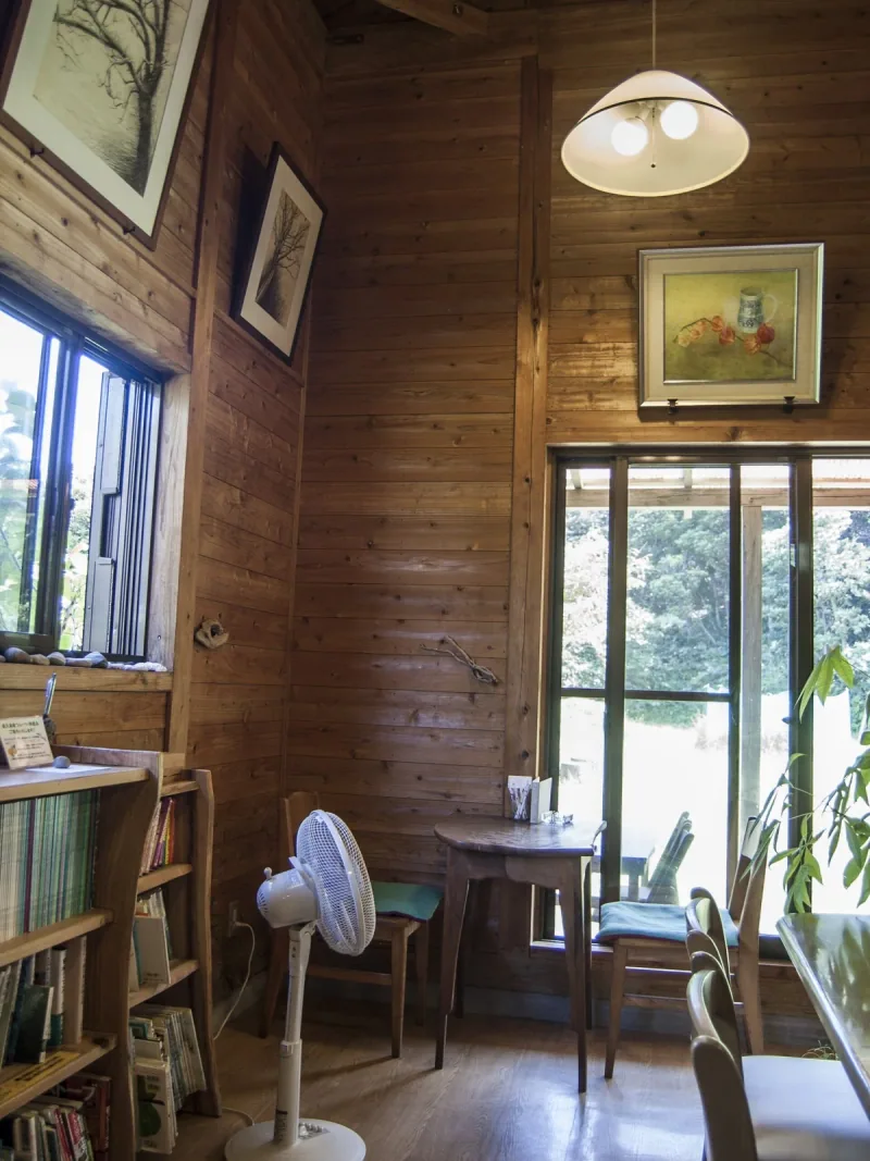 The wooden interior of a restaurant in Yakushima