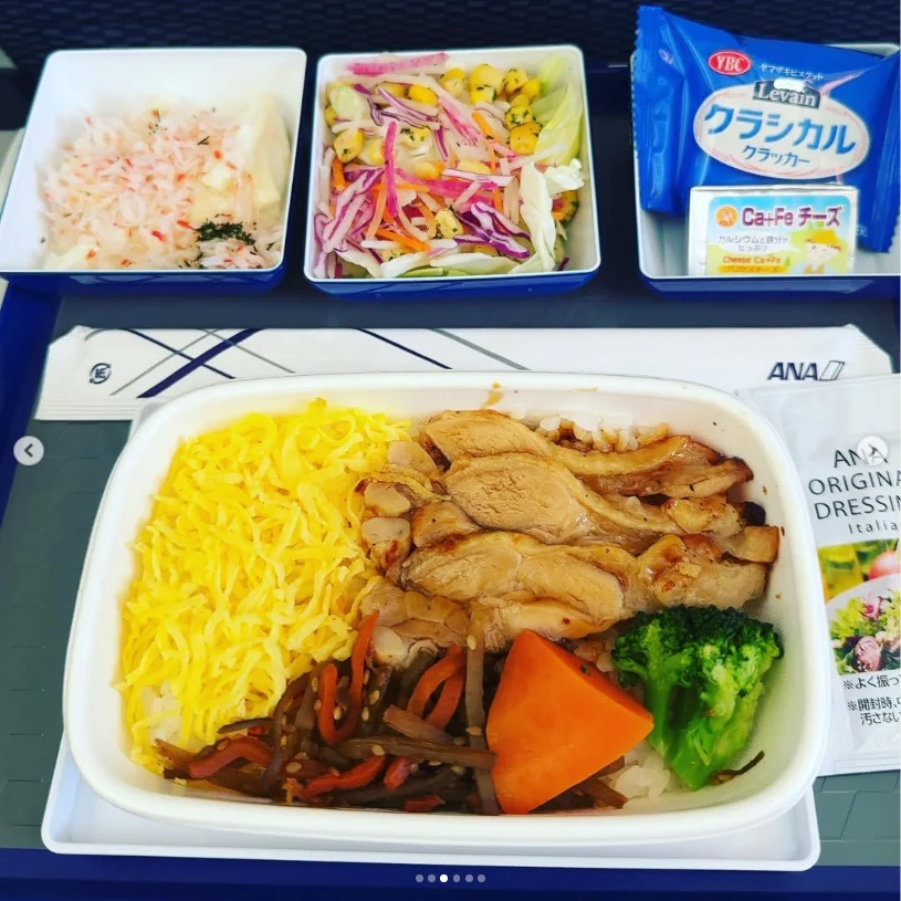 An airline meal tray with rice, brown slices, vegetables, side dishes and a cracker packet.