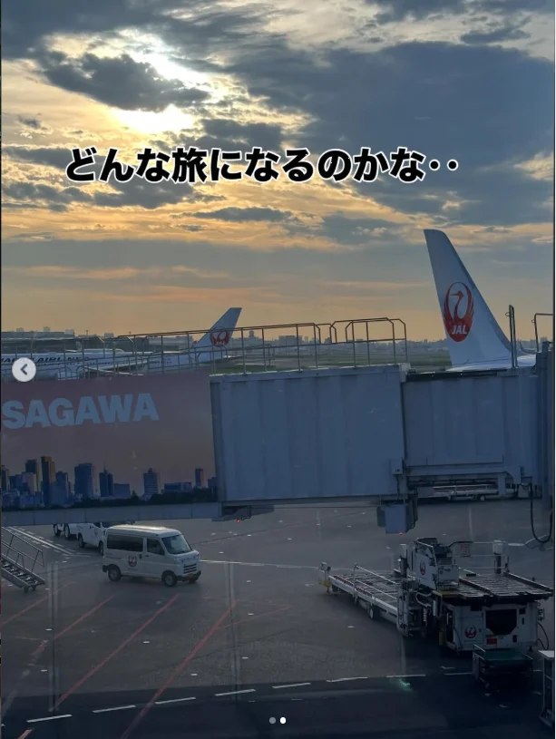 An airport boarding bridge and aircraft tail beneath a cloudy evening sky.