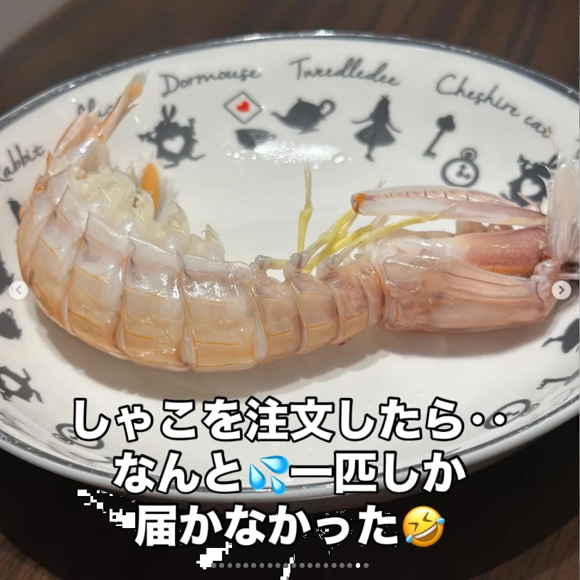 A single shell-on crustacean on a patterned plate, with Japanese text over the photograph.