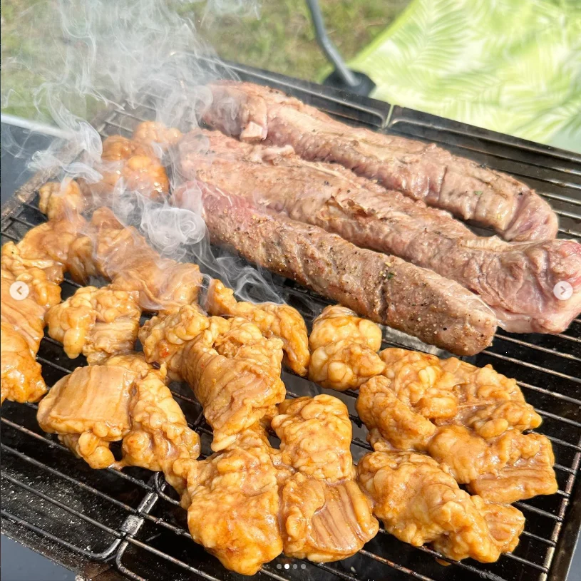 Thick slices and smaller pieces of meat cooking on a smoky outdoor grill.